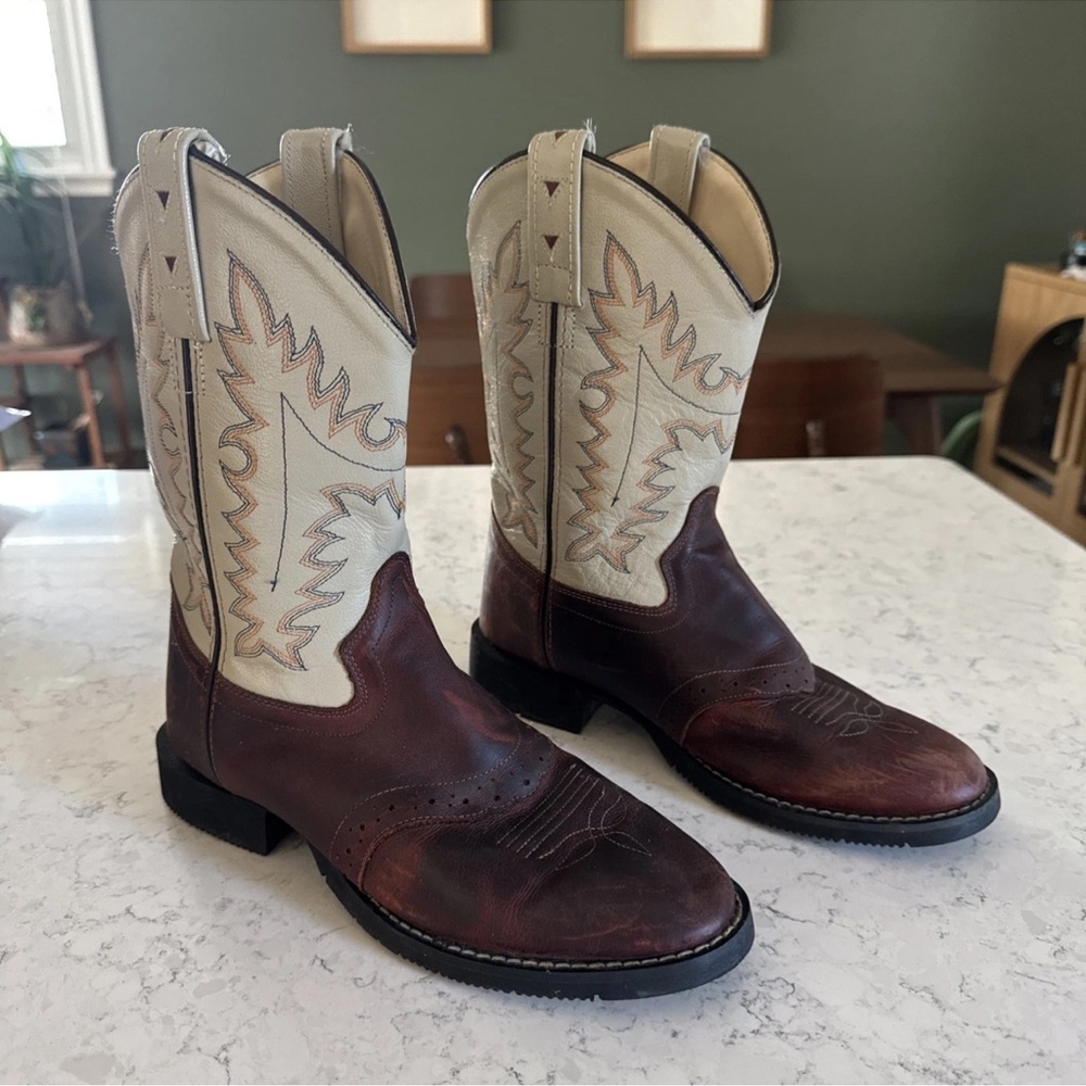 Old West Youth Cowboy Western Brown Cream Leather Pull On Boots - Youth Size 4